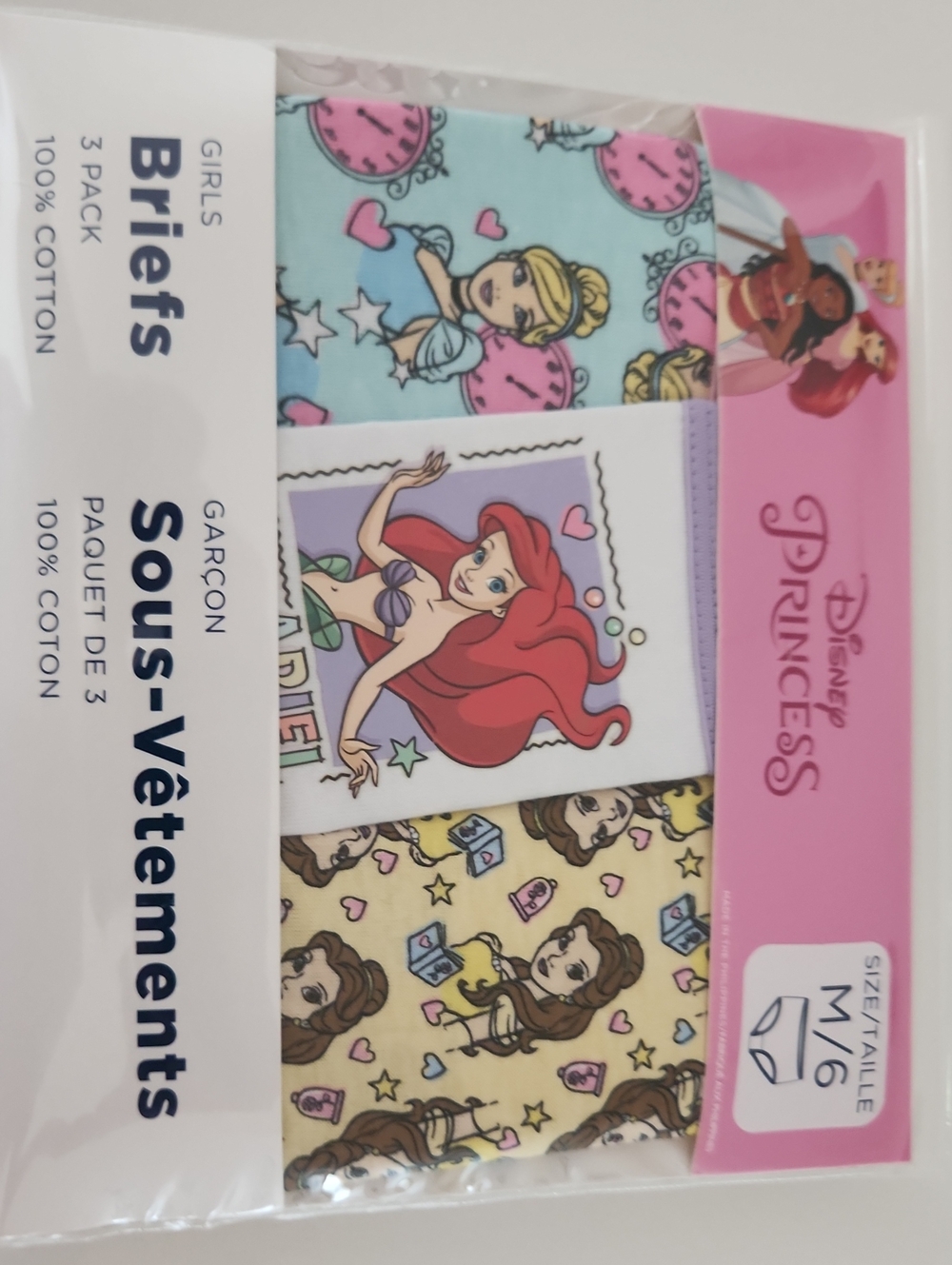 Disney Princess Pack Ariel Belle Cinderella Girls' Cotton Briefs Size M/6 3-Pack
